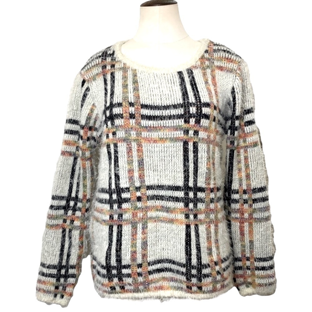 Qed London Plaid Knit Sweater Sz M Cream Nrown Fuzzy Colorful Long Sleeve
